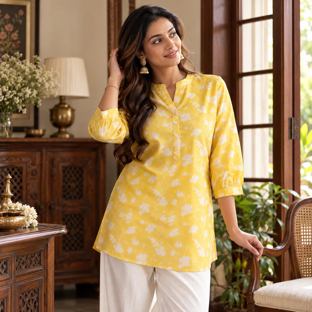 Sunshine Yellow Floral Bamboo Silk Short Kurti for Women
