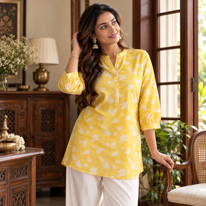 Sunshine Yellow Floral Bamboo Silk Short Kurti for Women