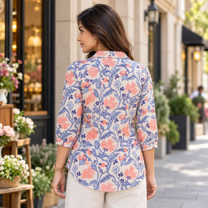 Floral Print Poly Rayon Short Kurti for Women – Peach & Blue