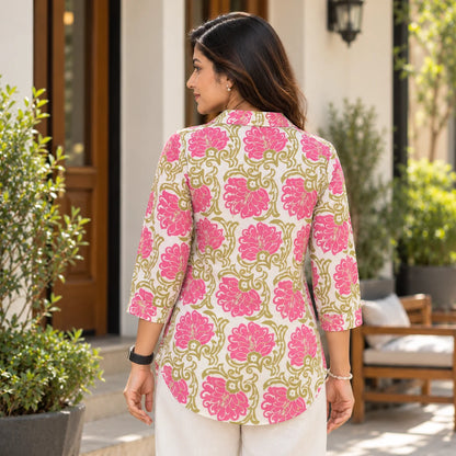 Pink Floral Printed Poly Rayon High-Low Short Kurti for Women
